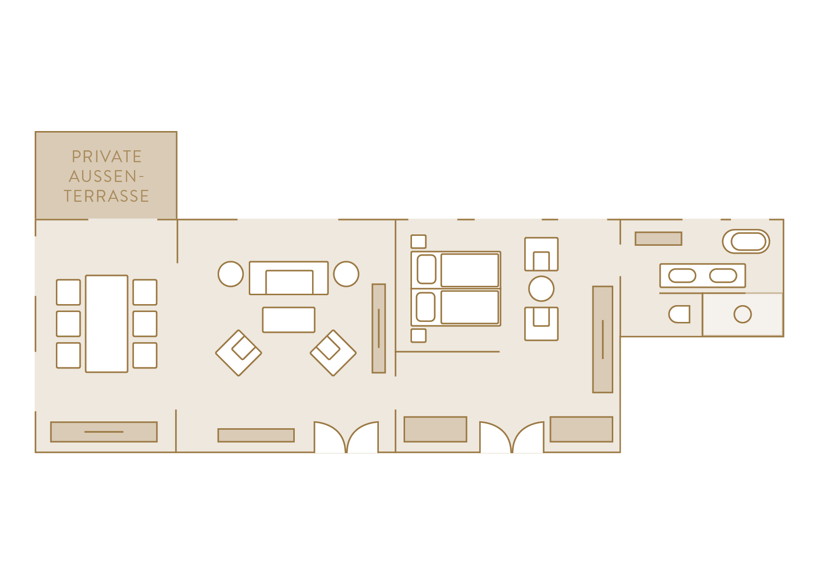 Zu sehen ist der Grundriss der Bassermann-Jordan-Suite. Diese Suite ist DIE Hochzeitssuite unseres Hauses. Daneben vermieten wir diese Räumlichkeit auch für kleine Tagungsgruppen.