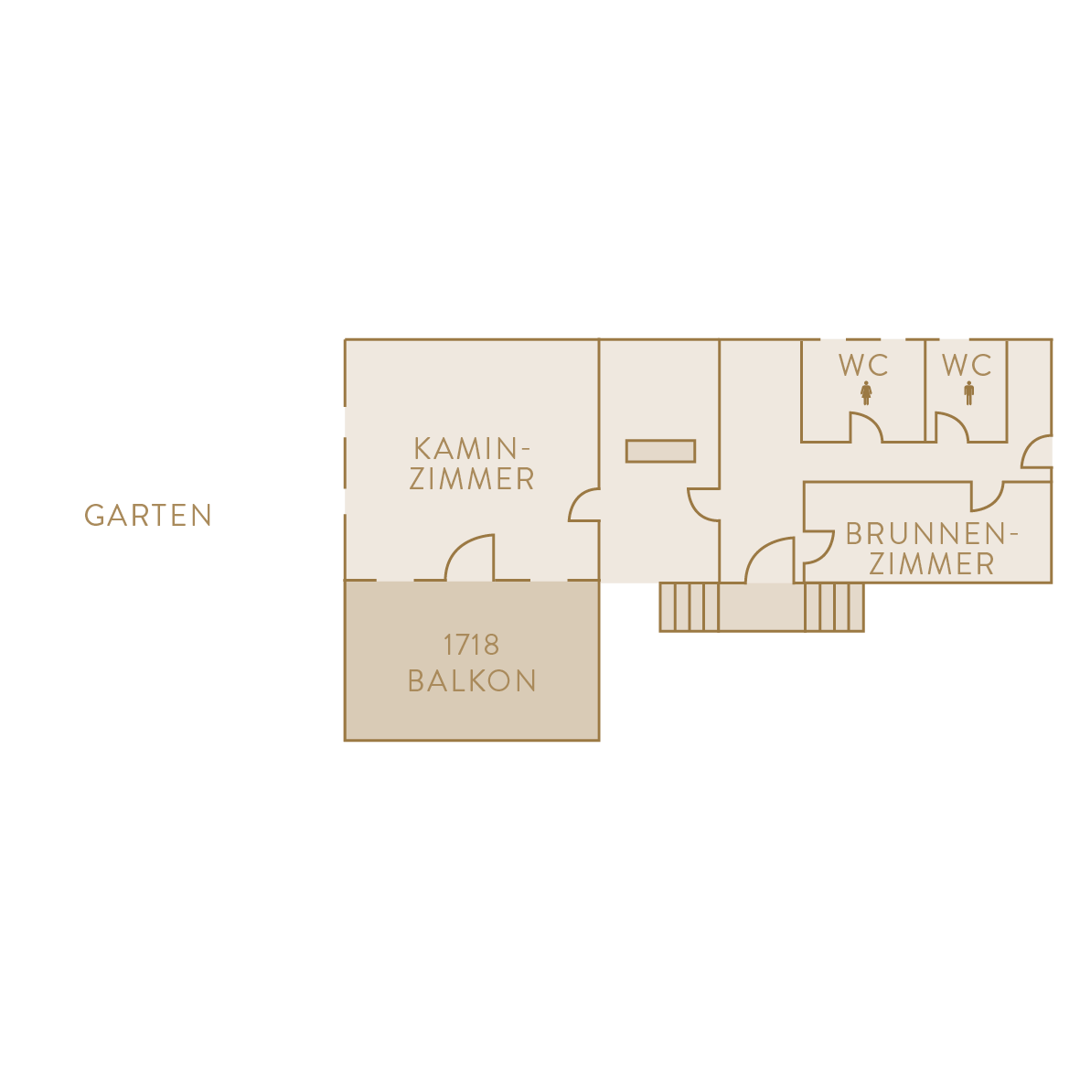 Zu sehen ist der Grundriss des Restaurants 1718 mit den beiden Räumen "Kaminzimmer"und "Brunnenzimmer". Eingezeichnet sind zudem die WCs und der Balkon.