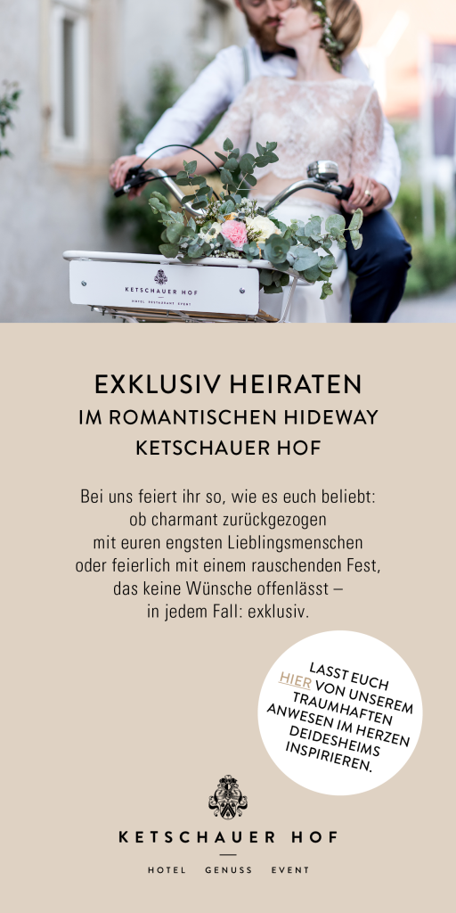 Pop Up, das auf der Landingpage aufliegt und das exklusive Heiraten im Genussresort Ketschauer Hof anteasert. Es verlinkt direkt zu Detailinfos.
